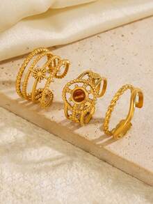 Juego de 3 anillos de acero inoxidable chapados en oro de 18K, estilo vintage de lujo con diseño geométrico de línea solar, adecuado para el uso diario de mujeres, regalo, vacaciones y viajes - Multicolor - Ver 2