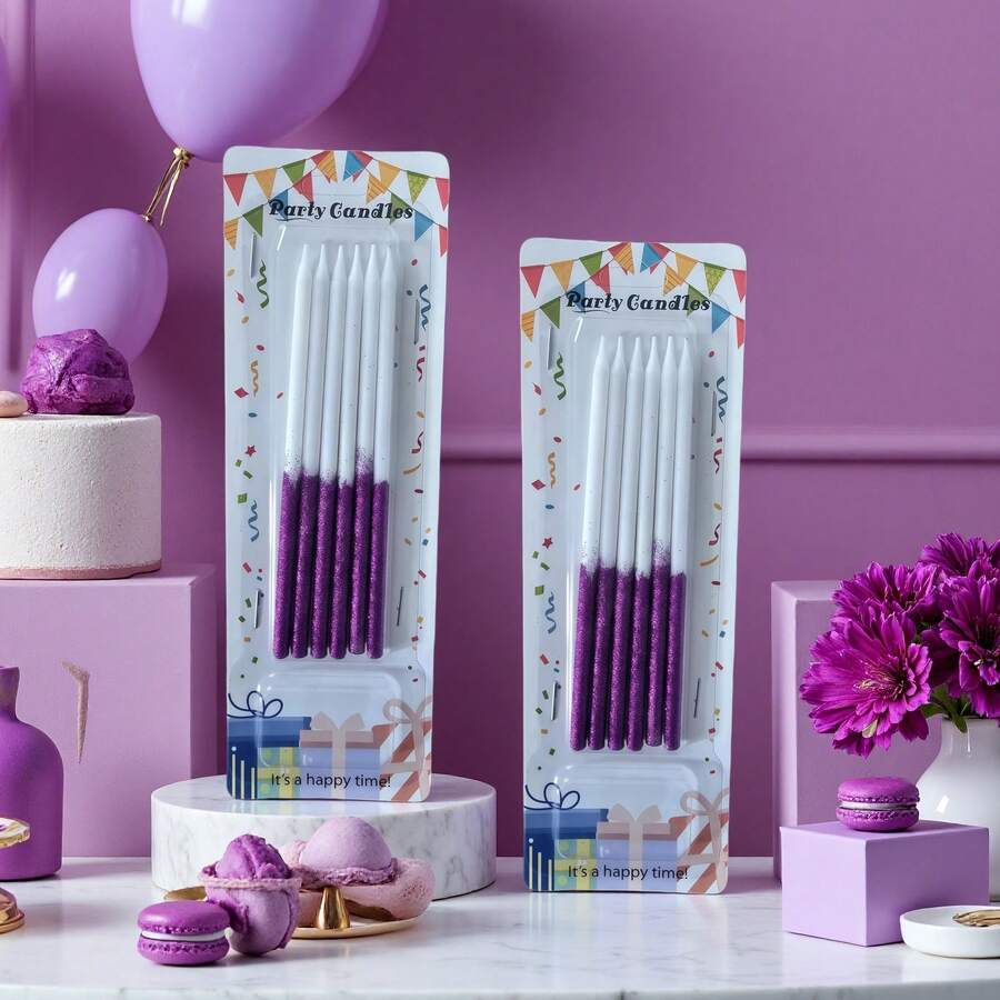 6 piezas de velas largas de cumpleaños con degradado de blanco a púrpura con purpurina, velas de decoración de pastel de lujo de doble color con base fija, elegantes adornos para postres, adecuadas para fiesta de cumpleaños, celebración de mujeres, banquete con tema púrpura, aniversario, decoración de mesa de postres de boda - Ver 1
