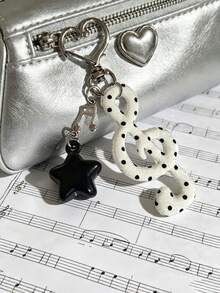 1pc Korean Ins Vintage Sweet Polka Dot Fabric Musical Note Keychain, Pentagram Heart Star Musical Note Bag Charm - Multicolor - View 10