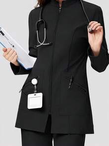 休閒通勤長袖拉鍊領口袋刷手服護理師工作夾克實驗室外套，適用牙醫、醫療保健、寵物醫院、實驗室，黑色，秋季 - 黑色 - 查看 1