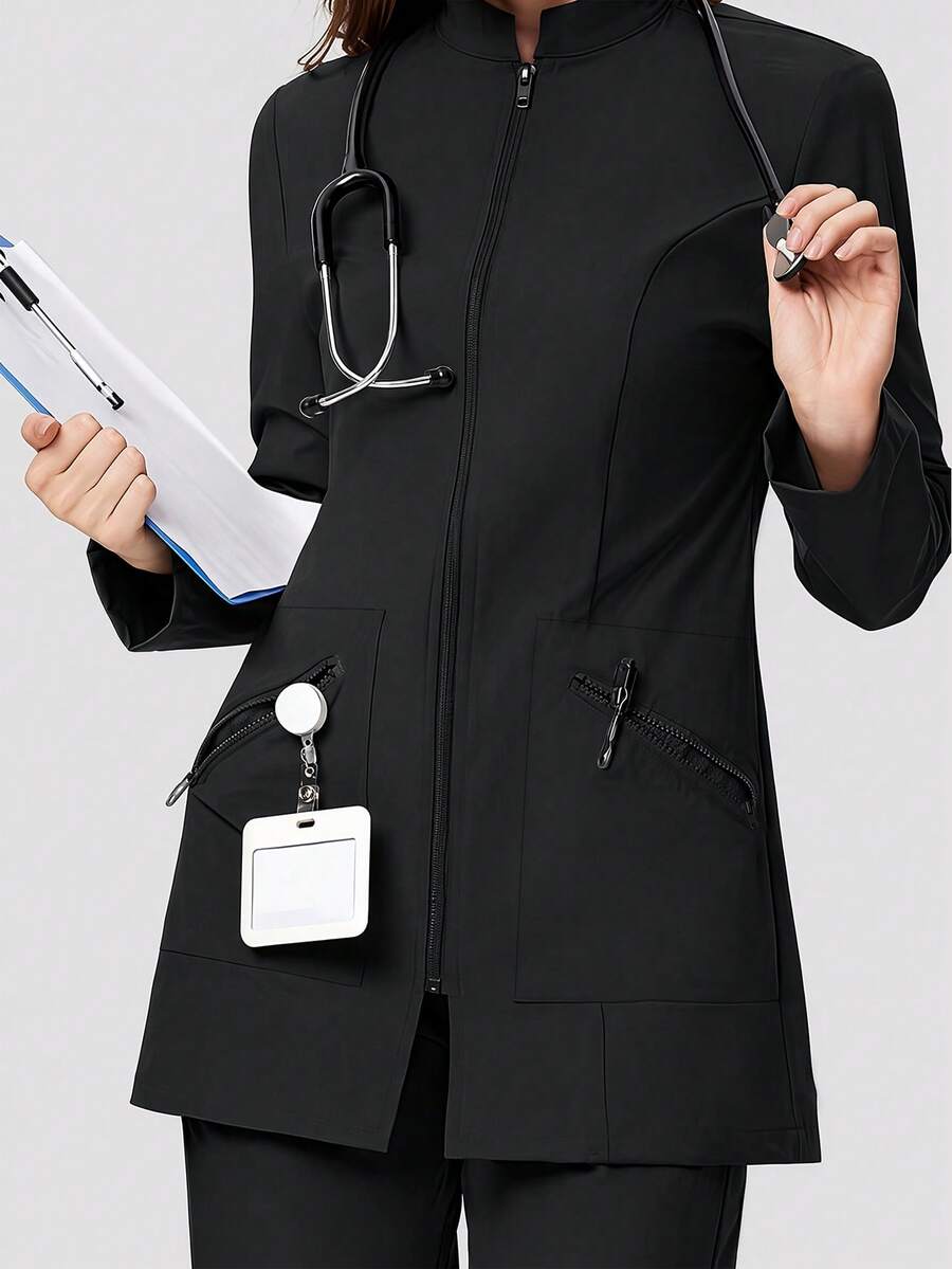 休閒通勤長袖拉鍊領口袋刷手服護理師工作夾克實驗室外套,適用牙醫、醫療保健、寵物醫院、實驗室,黑色,秋季 - 黑色 - 查看 1