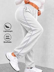Calça de Moletom Feminina de Cor Sólida - Calça Casual Feminina, Estilo Outono/Inverno, Roupa Esportiva Essencial de Outono/Inverno - Cinza - Visão 5