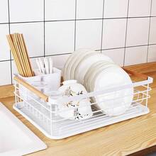 Dish Drying Rack With Drain Tray & Cutlery Holder | Metal Kitchen Dish Rack With Wooden Handles | Black / White / Grey / Beige - View 16