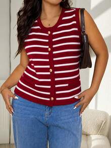 Plus Size Women's Red Contrast Stripe Metal Button Casual Knit Vest, Suitable For Christmas - Red - View 4