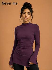 Never me 女款深紫色羅紋小立領長袖運動T恤，側收褶開衩下擺喇叭袖瑜伽健身上衣 - Bold Plum - 查看 1