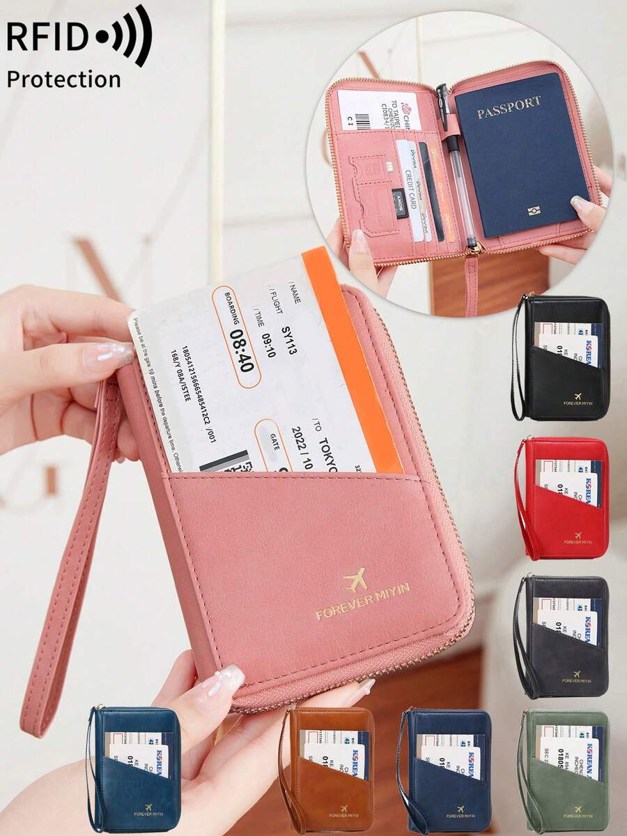 FOREVER MIYIN 1 Pc RFID Blocking Zipper Passport Holder With Wrist Strap, Multi Slot Travel Document Wallet For Flight Vacation Daily Carry Unisex