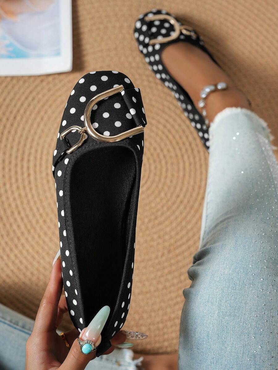 rlyza French Vintage Polka Dot Square Toe Flat Ballet Shoes For Women, Soft Sole With Metal Buckle, Low Vamp, Versatile Commuter Driving Flats - Black - View 1