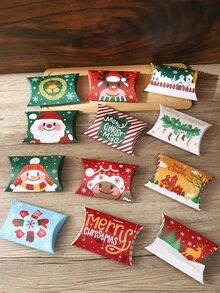 12 Piezas Cajas De Regalo Con Forma De Almohada Con Diseño Navideño De Dibujos Animados, En Coleres Surtidos - Multicolor - Ver 1