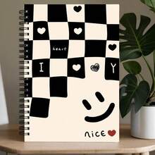 1本黑白棋盤格愛心螺旋筆記本 A5 極簡塗鴉印花日記本 可愛復古美學文具 適合學校、辦公室與送禮 - 黑白格子 - 查看 1