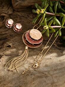 Cring Coco 2PCS/SET Woman Jewelry Set Fashion Boho Enamel Geometric Round Golden Necklace And Earrings Set Daily Party Vacation Music Festival Christmas Gift - Geometry - View 3