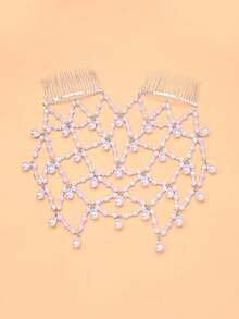 A Mesh Pearl Hair Chain Fairy Teardrop Pendant Hair Comb Bride Wedding Accessories For Women Hair Chain - Silver - View 8