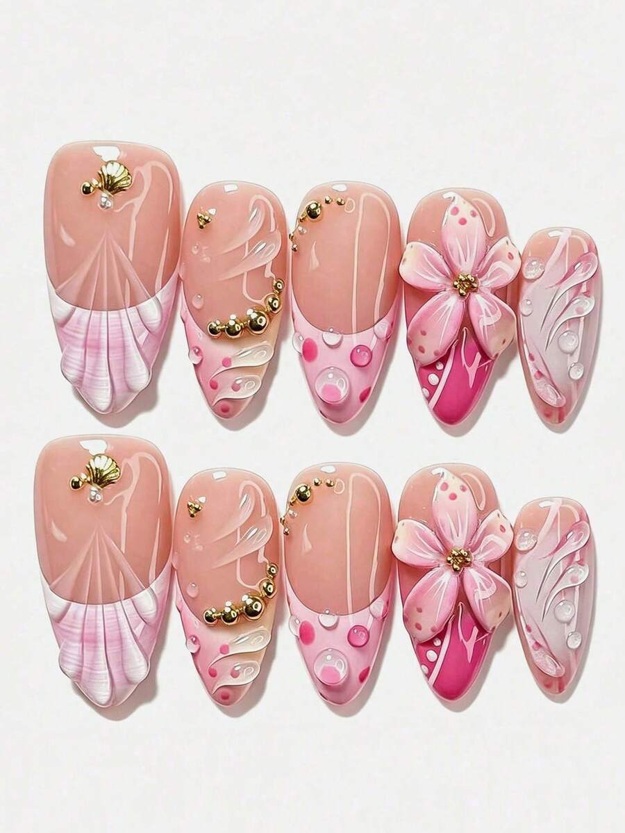10片裝 Y2K 風格穿戴式美甲,3D 花朵、貝殼與水滴設計,中長杏仁形壓克力美甲,適合約會或日常配戴 - 粉色 - 查看 1