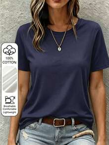 Kaos Wanita Modis dan Elegan Warna Polos - , Kasual Musim Panas - Navy Blue - View 5