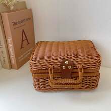 Woven Picnic Basket Handbag, Woven Storage Box With Handle, Wicker Lunch Box With Shoulder Strap And Metal Lock, Vintage Handbag Prop Box, Suitable For Travel, Camping, Picnic, Outdoor, Small - Brown - View 6
