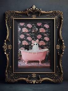 1pc, Canvas Wall Art With Frame, Wall Decor Printed With Neon Slogan "Live Well, Laugh Loud, Bubble Bath Time", Featuring Cute Pink Bow Ghost, Black Cat And Vintage Bathtub Pattern, Sweet Cool Gothic Halloween Atmosphere Wall Poster; Suitable For Modern Home Decor, Room Decor, Dorm Decor, Bedroom Decor, Living Room Decor, Bathroom Decor - Bathroom Ghost - View 1