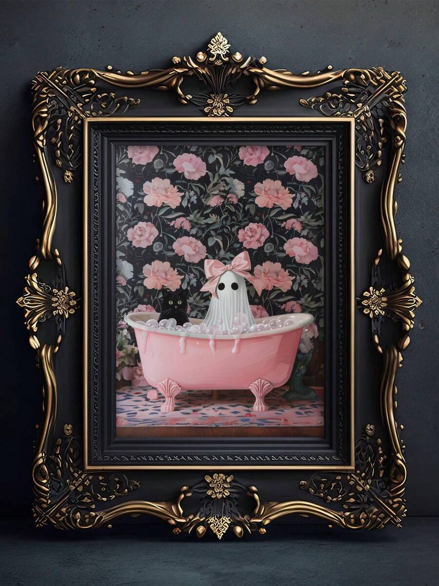 1pc, Canvas Wall Art With Frame, Wall Decor Printed With Neon Slogan "Live Well, Laugh Loud, Bubble Bath Time", Featuring Cute Pink Bow Ghost, Black Cat And Vintage Bathtub Pattern, Sweet Cool Gothic Halloween Atmosphere Wall Poster; Suitable For Modern Home Decor, Room Decor, Dorm Decor, Bedroom Decor, Living Room Decor, Bathroom Decor - Bathroom Ghost - View 1