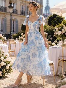 Women's Blue Floral Print Bow Tie Shoulder Mid-Length Dress, Sweetheart Neckline, Cinched Waist, Flared Skirt, Summer Autumn Garden Party, Wedding Guest, Holiday Vacation - Blue - View 5