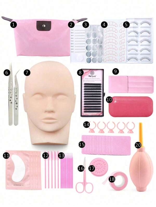 HMQ beauty 50pcs Eyelash Extension Training Kit Silicone Practice Mannequin Head Eye Pad Tweezers Glue Rings Lash Brush Eyelash Extension Set