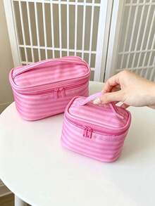 1pc Cute Pink Striped Large Capacity Makeup Bag, Multi-Functional Storage Bag With Built-In Mirror, Portable Toiletry Bag With Handle, Includes Brush Holder, Coin Purse, Pencil Case And Skincare Storage, Suitable For Travel And Back To School Season - Hot Pink - View 8