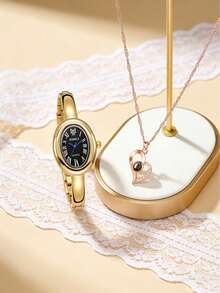 2pcs/Set Women's Bracelet Watch, Fashion Oval Roman Numeral Quartz Wristwatch Set - Gold - View 2