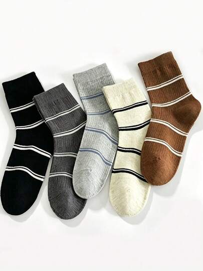 5 Pairs Vintage Double Stripe Socks, Comfortable Mid-Calf Socks For Autumn/Winter, Classic Striped Mid-Calf Socks For Commuting And Casual Wear, Breathable, Suitable For Slippers/Leather Shoes, Unisex