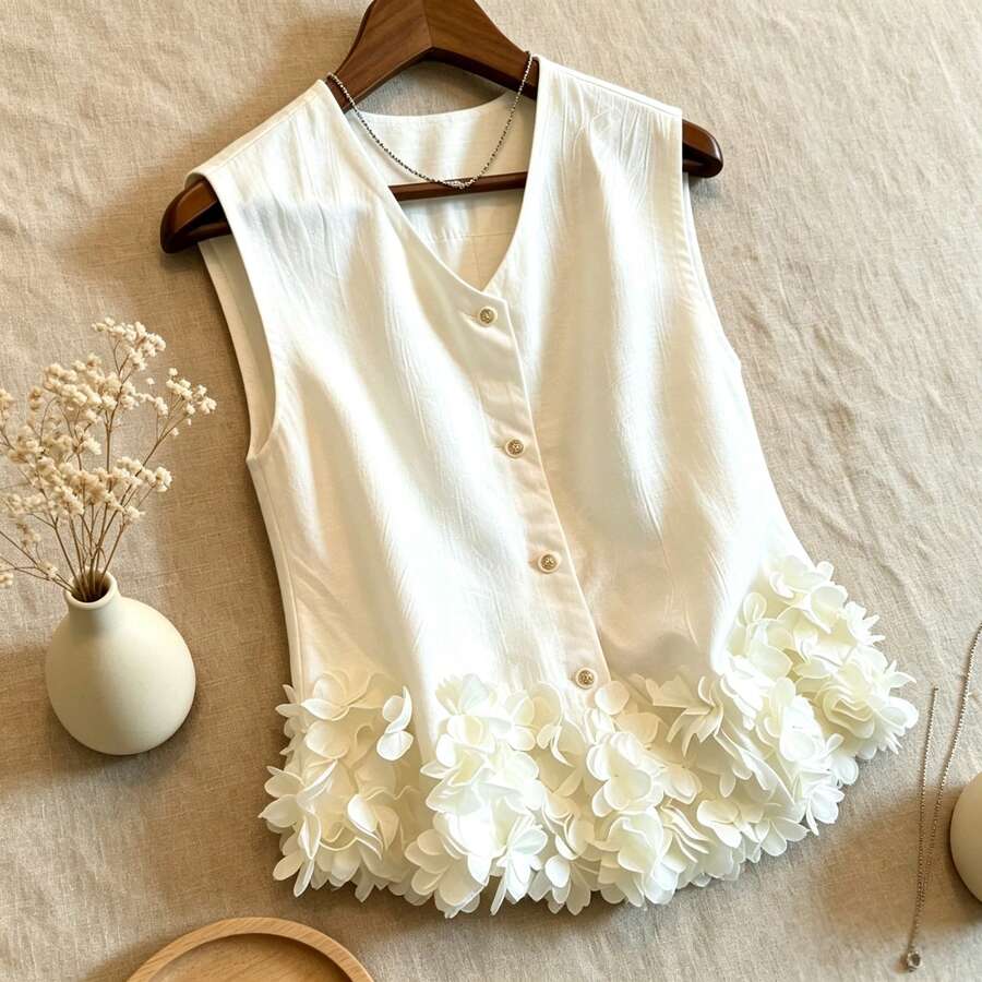 Soft Style Floral Decor Hem Vest, Solid Color Summer Commute Layering Sleeveless Tank Top - Apricot - View 1