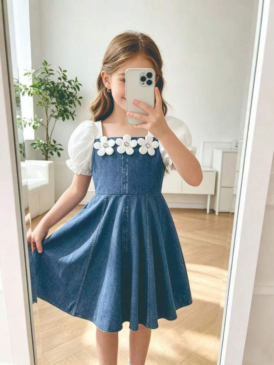 Gaun Kasual Anak Perempuan Motif Bunga Denim Imitasi dengan Resleting Tersembunyi, Lengan Pendek Selutut, Musim Panas - Biru - View 1