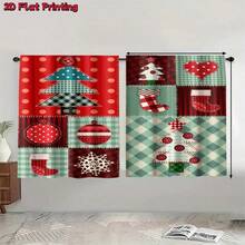 2pcs Christmas Style Fabric Patchwork Semi-Blackout Bedroom Curtains, 90GSM Polyester Semi-Sheer Privacy Protection, Christmas Style Living Room Curtains, Kitchen Curtains, Suitable For Home, Room, Kitchen Partition Or Decoration, Rod Pocket Design Easy Installation, Quick Dry, Water-Resistant, Non-Fading, Lightweight Removable Washable Curtains - Multicolor - View 14
