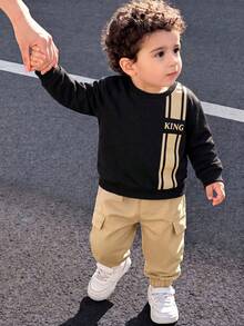 Baby Boy Spring/Autumn 2-Piece Set, Letter & Stripe Print Knit Crew Neck Long Sleeve Top + Solid Color Woven Cargo Style Jogger Pants, Suitable For 9 Months To 3 Years Old - Khaki - View 3