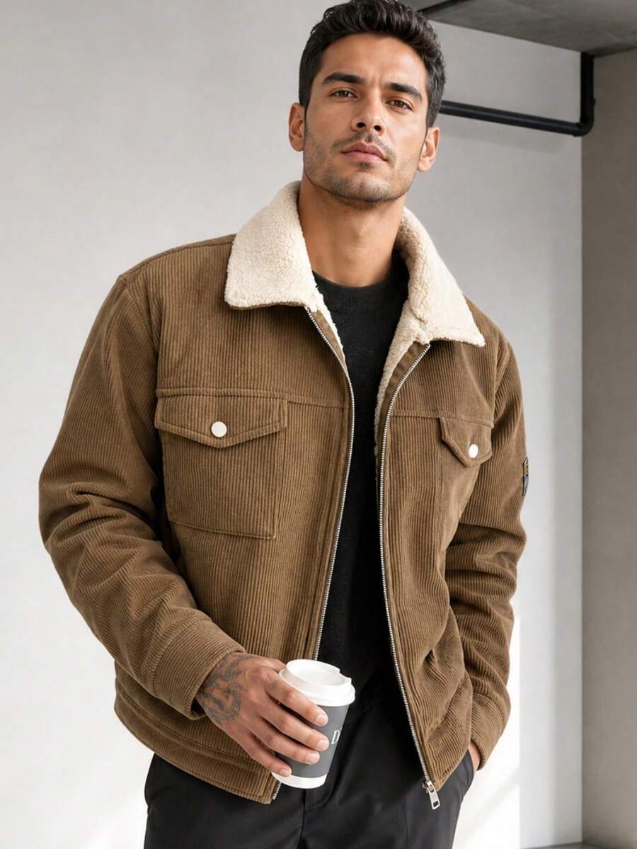 1pc Men's Corduroy Collar Long Sleeve Jacket, Thermal Lined Winter Coat, Comfortable & Versatile For Commuting, Machine Washable, Christmas Gift, Old Money Style - Khaki - View 1