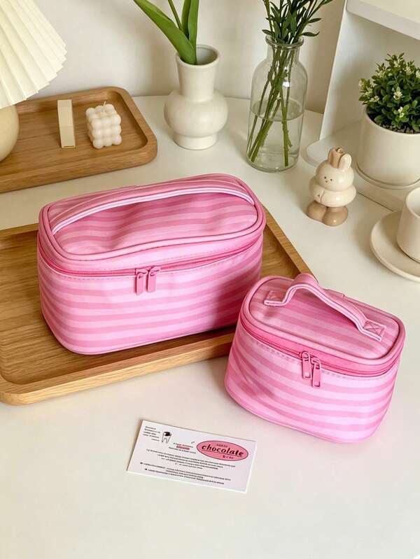 Pink Striped Makeup Bag With Built-In Mirror Touch Up, Hand-Held Storage Bag, Standing Non Collapsing Mini Small Square Bag, Portable Toiletry Bag
