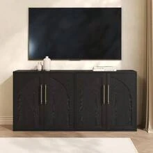 strundghti 2pcs Farmhouse Arched Sideboard Buffet Cabinet – Wood Storage Credenza With 2 Adjustable Shelves, Anti-Tip Safety Kit, Media Console For Living Room, Kitchen Coffee Bar, Bedroom - Black - View 4