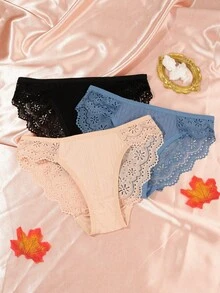 3 Set Bra dan Celana Dalam Renda Bergaris Motif Bunga untuk Wanita, Set Bra Renda Wanita - MultiWarna - View 5