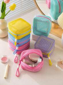Mini Macaron Color Multi-Function Mesh Storage Bag, Cute Wallet Design, Portable Makeup Bag, Zipper Tissue Storage Bag, Girls Sanitary Pad Storage Bag, Suitable For Home, Travel And School - Multicolor - View 11