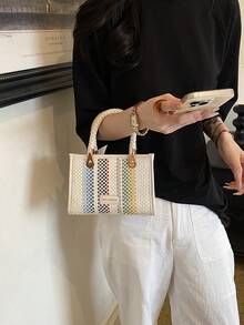 Fashionable Vacation Style Colorful Striped Handbag Women's New Woven Handle Niche Shoulder Crossbody Bag Mini Square Bag - A - View 3