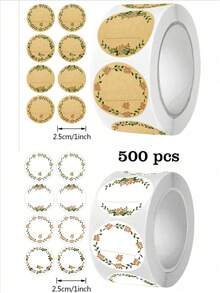 500pcs Per Roll 2in/5cm Kraft Paper Stickers, Round Wreath Pattern Stickers, Can Labels, Food Storage Labels, Gift Bag Sealing Stickers - Flower Label - View 1