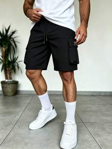 Men's Solid Color Elastic Waist Drawstring Pocket Cargo Shorts, Breathable And Comfortable - Black - View 8