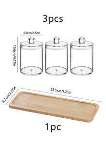 3pcs Bathroom Cabinet Acrylic Wet Wipes And Cotton Pads Storage Set, With Bamboo Lid - Transparent Plastic Cotton Swabs And Cotton Pads Storage Box, With Bamboo Tray - A - View 8