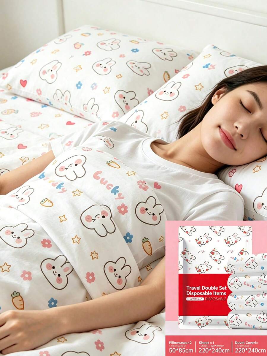 Juego de ropa de cama desechable de 4 piezas de gran tamaño para check-in de hotel, sábana y funda de almohada desechables, artículos esenciales de viaje - Multicolor - Ver 1