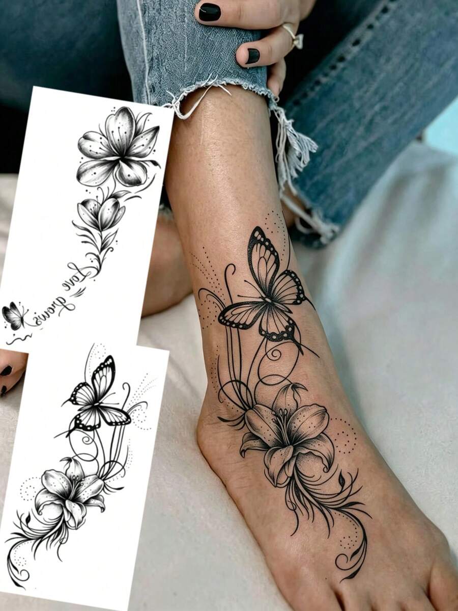2張描百合蝴蝶臨時紋身貼紙,防水持久花卉身體藝術貼紙,復古逼真墨水紋身貼花,適用手臂、腰部、背部,女性女孩派對配件 - 黑色 - 查看 1