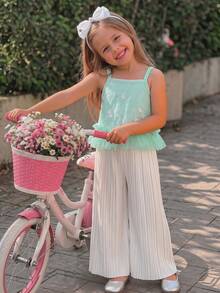 Girls Summer Fairy-Style 2 Pieces Set, Mint Green Embroidered Mesh Hem Cami Top + Pleated Wide Leg Long Pants, Fresh And Elegant - Mint Green - View 1