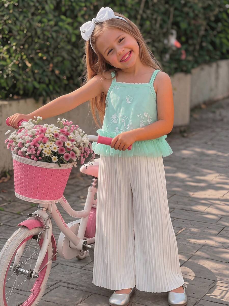 Girls Summer Fairy-Style 2 Pieces Set, Mint Green Embroidered Mesh Hem Cami Top + Pleated Wide Leg Long Pants, Fresh And Elegant - Mint Green - View 1