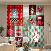 2pcs Christmas Style Fabric Patchwork Semi-Blackout Bedroom Curtains, 90GSM Polyester Semi-Sheer Privacy Protection, Christmas Style Living Room Curtains, Kitchen Curtains, Suitable For Home, Room, Kitchen Partition Or Decoration, Rod Pocket Design Easy Installation, Quick Dry, Water-Resistant, Non-Fading, Lightweight Removable Washable Curtains - Multicolor - View 8