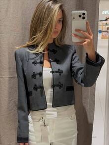 ZAHM 2026 Autumn/Winter New Chinese Style Frog Button Suit Jacket, Stand Collar Short Gray Coat - Grey - View 4