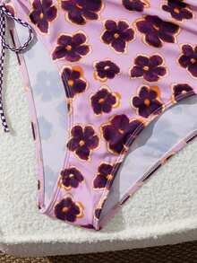 Ladies' Vacation Flower Paired With Checkered Printed Flat Chest One-Piece Swimsuit Suitable For Island Vacation Swimming Beach Summer - Multicolor - View 6