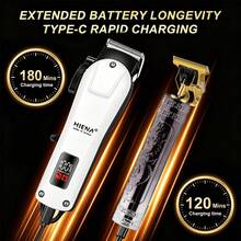 HIENA Professional 2-Piece Hair Clipper Set, Dragon Pattern Carved T-Blade Trimmer, Wireless LED Display Hair Clipper Set With 8 Limit Combs, Salon And Home Hair Trimming Tool - White - View 7