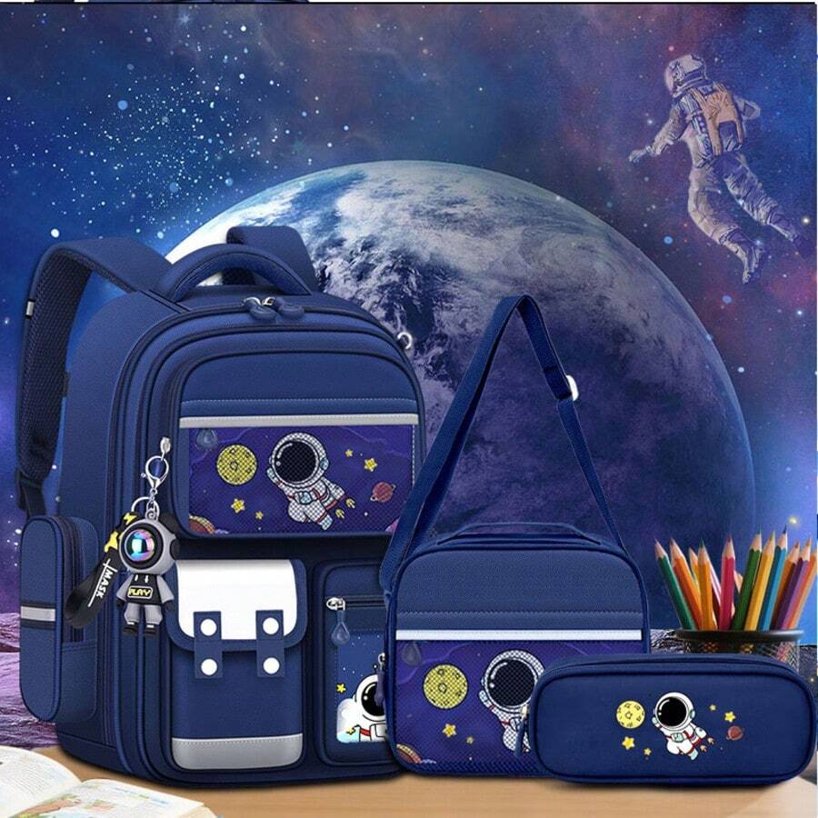 3pcs Space Astronaut Boys Large Capacity Backpack Set With Lunch Bag, Pencil Case And Pendant - Sets - View 1