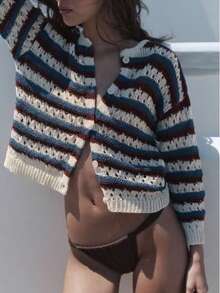 Women's Striped Short Cover Up Loose Long Sleeve Summer Cover-Up - Multicolor - View 3