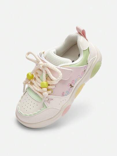 Balabala Kids Casual Sneakers Embroidery Flower Detail Lightweight Skate Shoes Comfortable Daily Wear