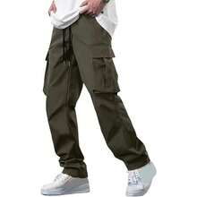 Men's Olive Green Cargo Pants, Loose Fit Drawstring Waist Streetwear Pants, Multi Pocket Casual Jogger Style Pants For Daily Wear, Outdoor, Travel & Hip Hop Outfits - Military Green - View 9